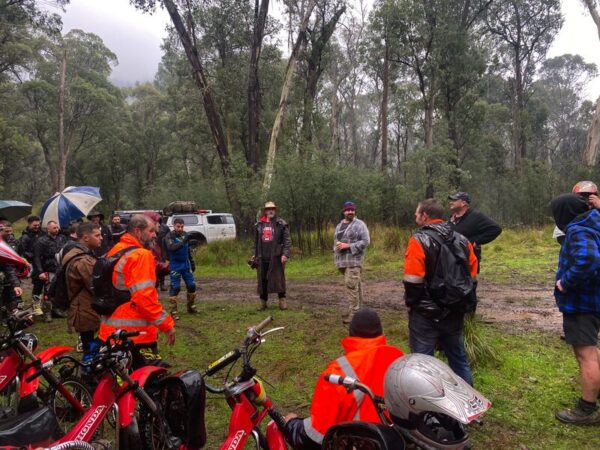 PRE-START BRIEFING...before hitting the gruelling 80km ride through the Wonnangatta Valley. Delivering the briefing is Jamie Portelli of the Goulburn Valley Motorcycle Club (centre).