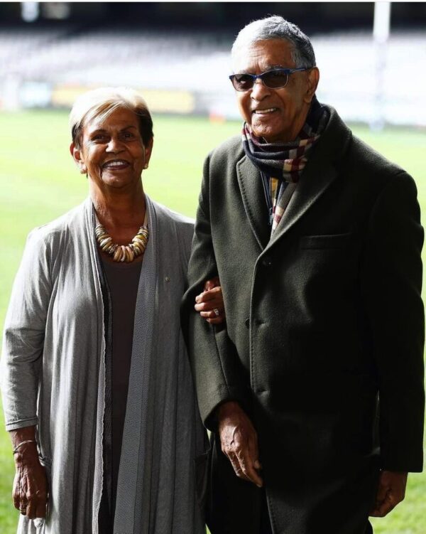 AUNTY PAM PEDERSEN OAM AND HONOUREE GLENN JAMES OAM... together at the 2023 Sir Doug Nicholls Round Launch at Marvel Stadium in Melbourne. Photo: Supplied (Getty Images)